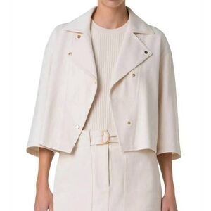 Akris Punto New Cropped Denim Boxy Biker Jacket Cotton Size 10 Cream  Cashew NWT